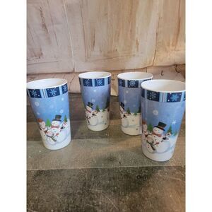 Plastic snowman‎ family blue Xmas cup set decor